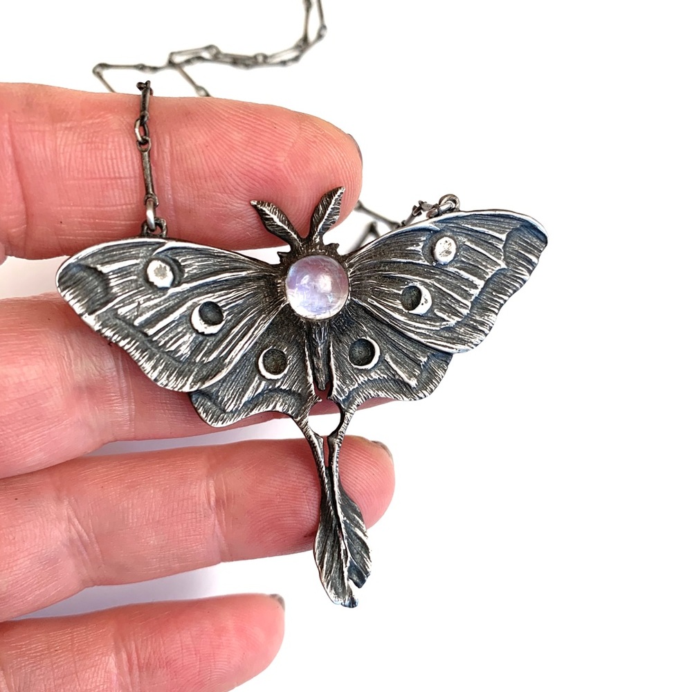 Bloodmilk Sterling Silver Moon Phase Luna Moth Necklace with Moonstone